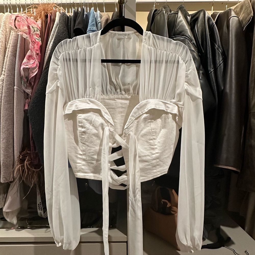 vestique White Sheer-Paneled Lace-Up Long Sleeve Top